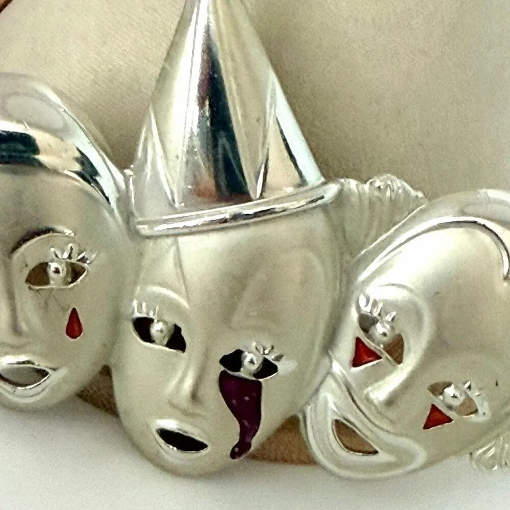 Vintage Silver Tone Triple Clown Theater Mask Enamel Brooch
